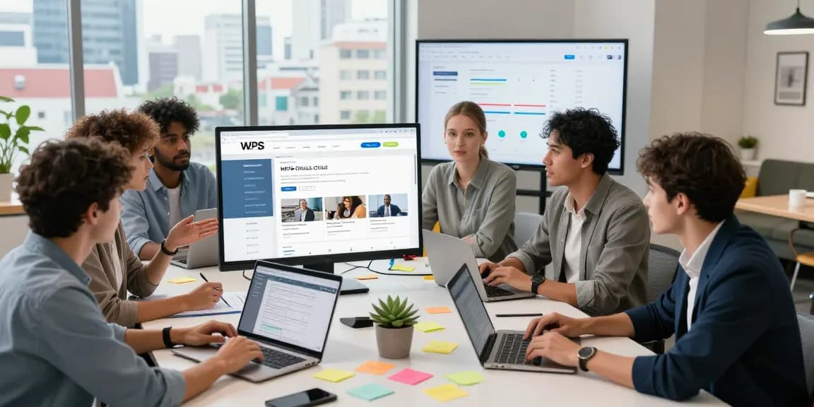 Collaboration at a modern office workspace featuring the WPS Official Website interface, showcasing teamwork and technology.