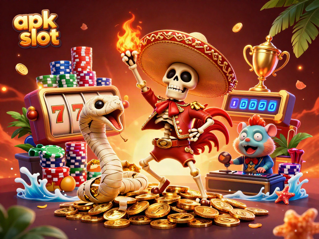 Win big with apk slot on dynamic 3D casino illustration featuring vibrant characters and elements.