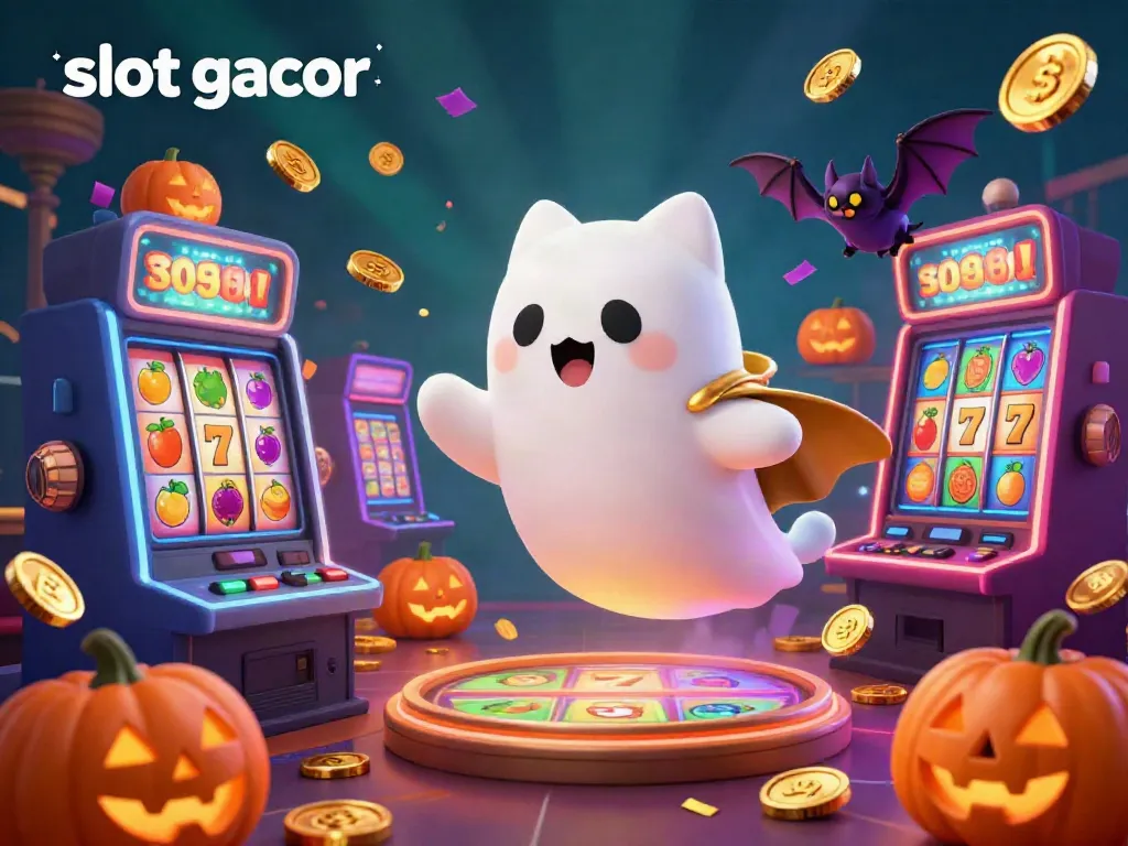 Visualisasi ceria slot gacor dengan kucing hantu ramah, mesin slot, dan suasana kasino menakjubkan.