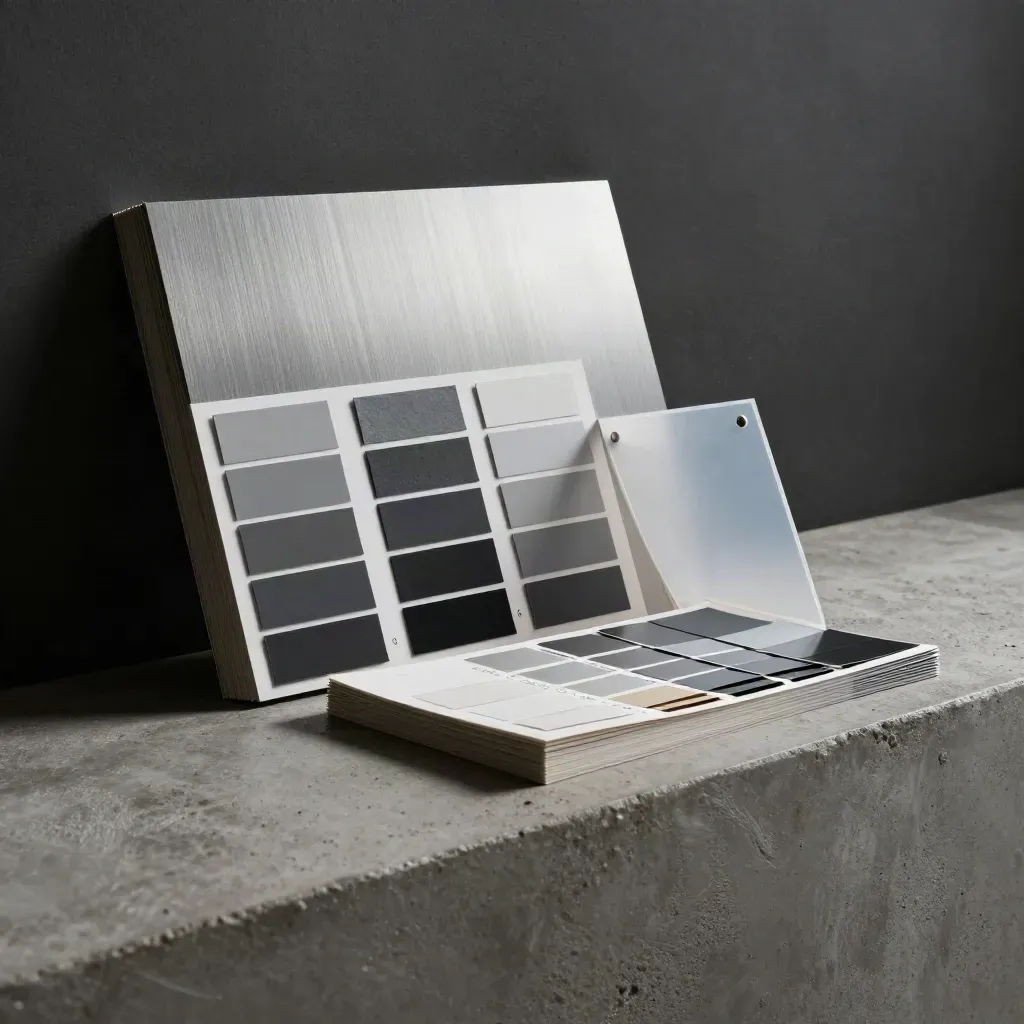 Charcoal audit bundle with swatches on concrete in dramatic studio light