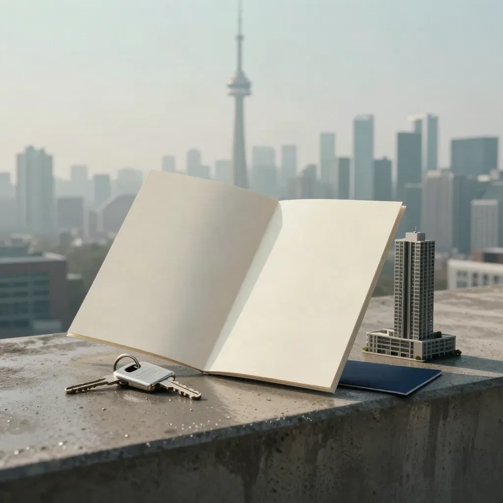 Ivory condo buyer folio, key fob, and tower model on a wet rooftop at dawn