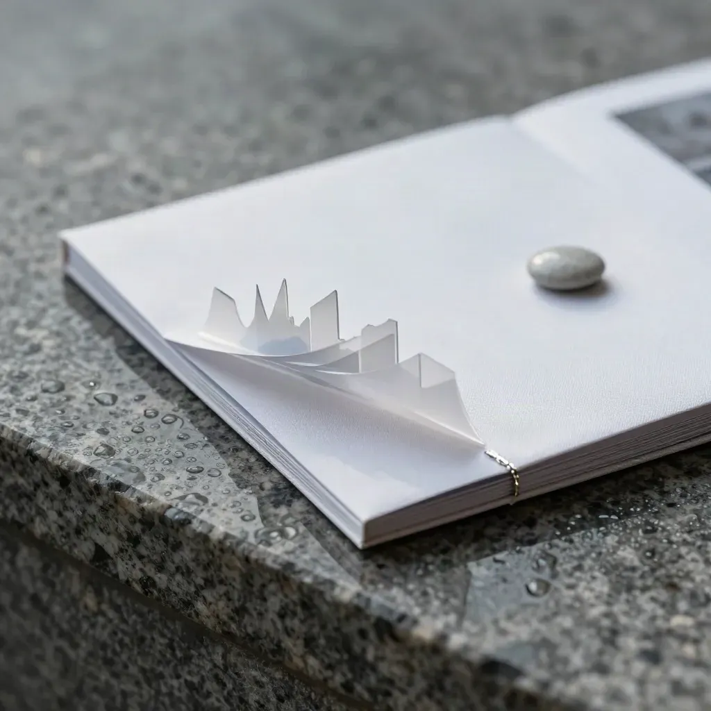 Satin white report booklet on wet granite with an acetate skyline layer and stone weight.