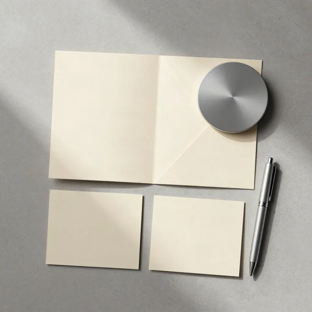 Overhead ivory appointment packet with timer disc, folded cards and pen cap on pale concrete