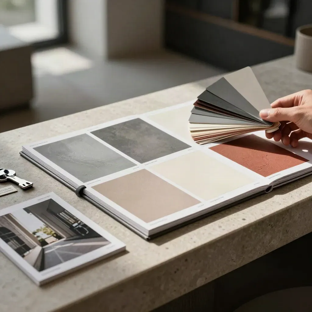 Graphite seller-plan folio with swatches and key tray on a stone console in soft haze.