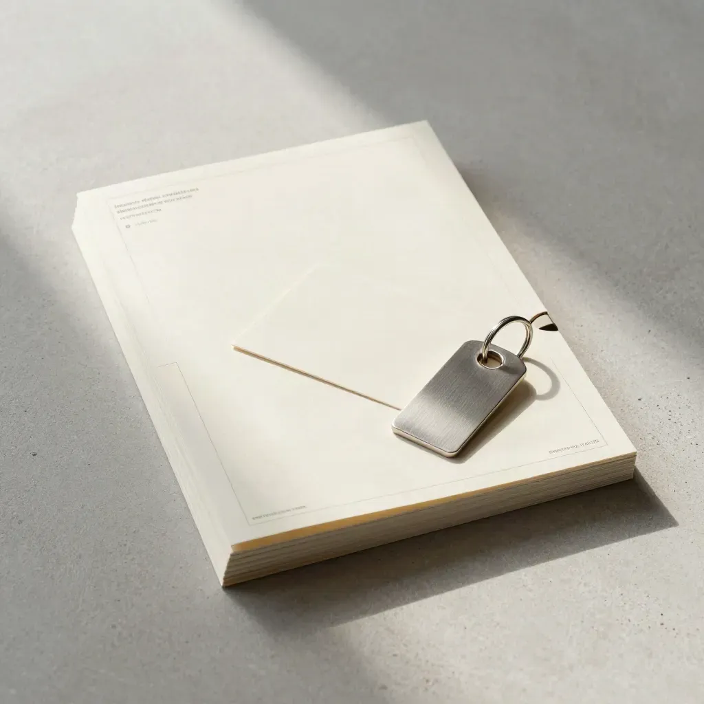 Overhead cream condo folio with tabs, key tag and unprinted door card on pale concrete.