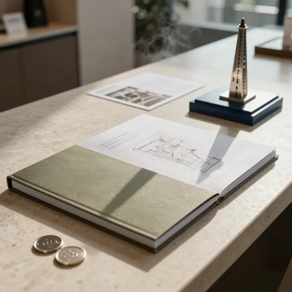 Condo sales packet, site-plan board, tower model, and deposit tokens on stone in soft morning light.