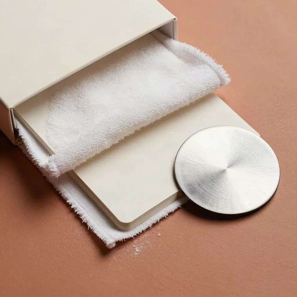 Macro of an ivory prep kit opening to reveal cards, swatch fan and reflector disc.