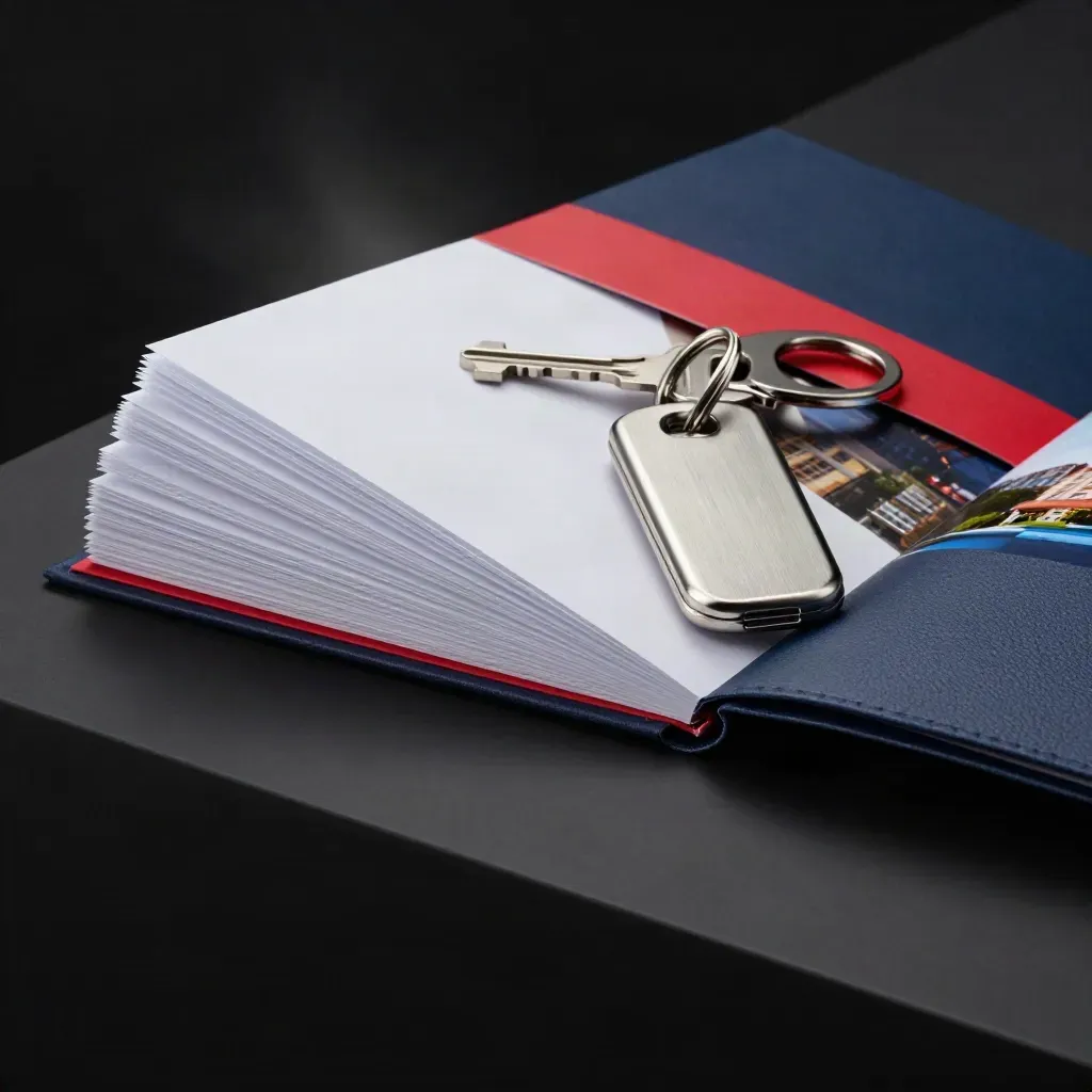 Dramatic open condo sale kit with navy folder, red band, white cards and key fob on black.