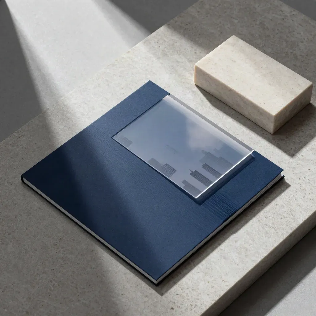 Overhead flatlay of a midnight-blue condo report folio with acetate, skyline block and stone weight.