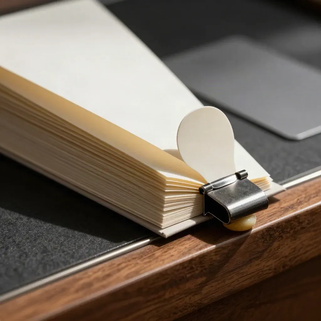 Ivory packet with rounded tabs, graphite clip and ceramic token on walnut ledge.