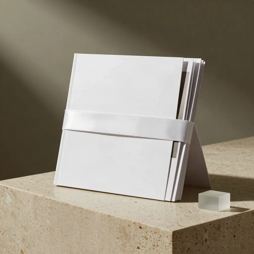 White seller-photo guide folio with layered cards on travertine, lit like a premium studio hero