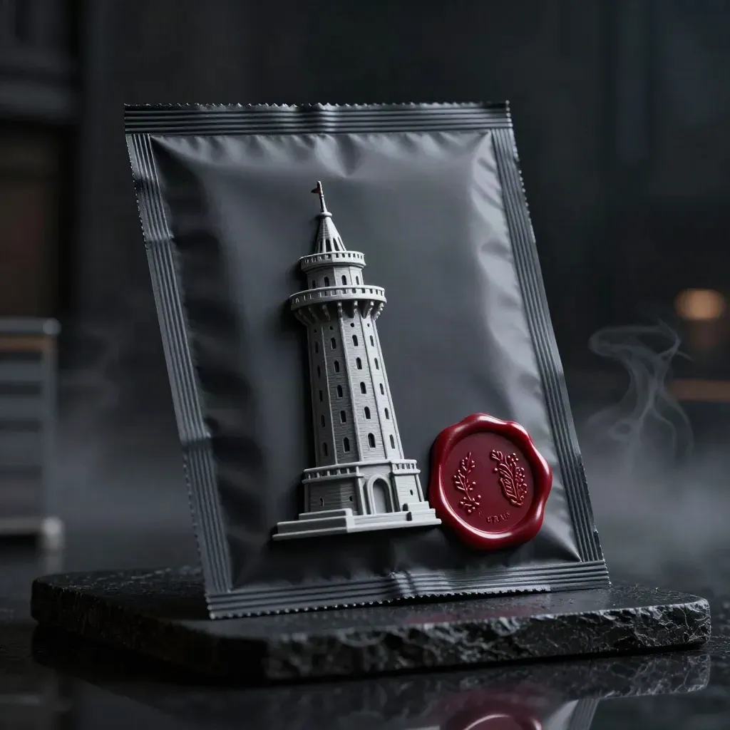 Black early-access packet beside a tower model and red wax seal in moody studio light.