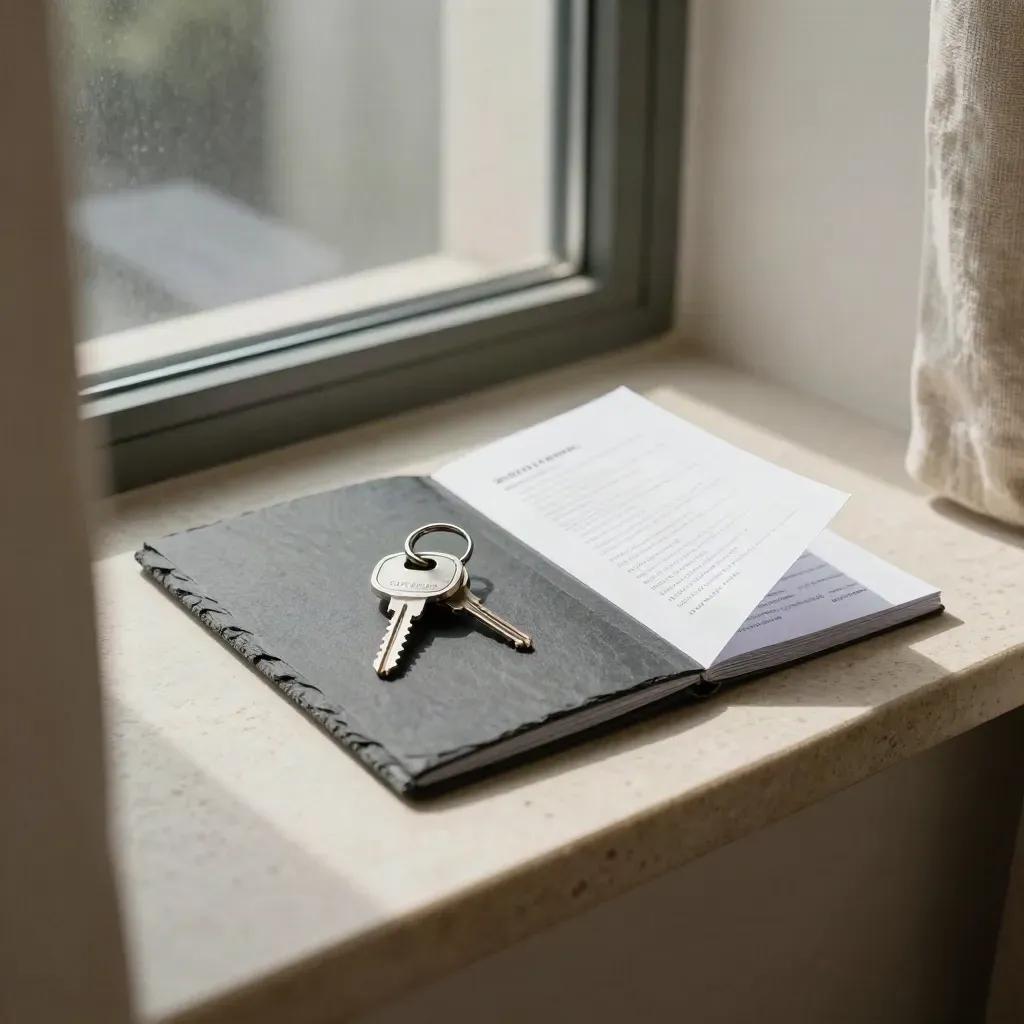 Slate rental booklet, key ring and accordion sheet on a condo ledge in cool window haze.