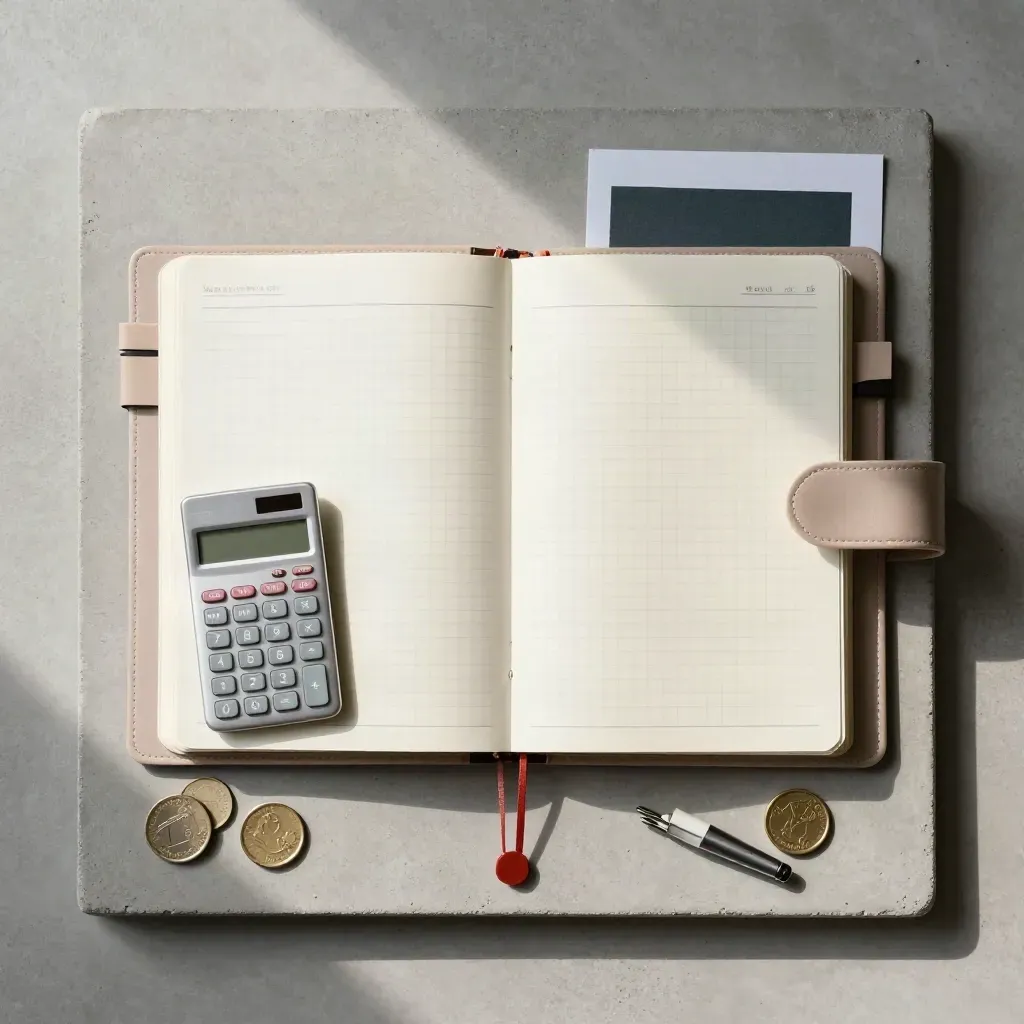 Overhead flatlay of a ledger binder, calculator block and coin discs on concrete