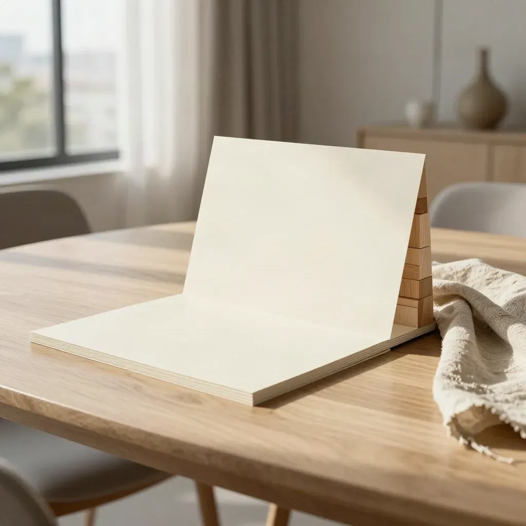 Condo picks folio with map cards, leaning wood blocks and fabric swatch in sunlit haze.