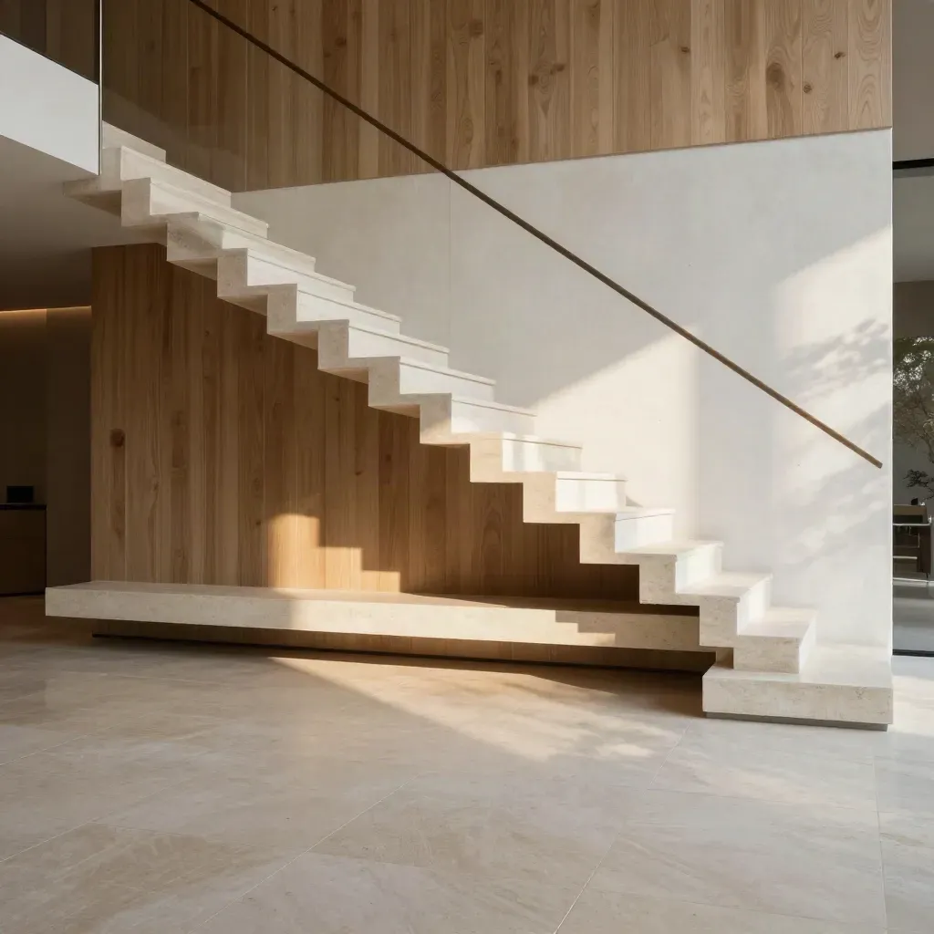 Sunlit condo lobby stair landing with oak slats, pale stone, and open copy space below.