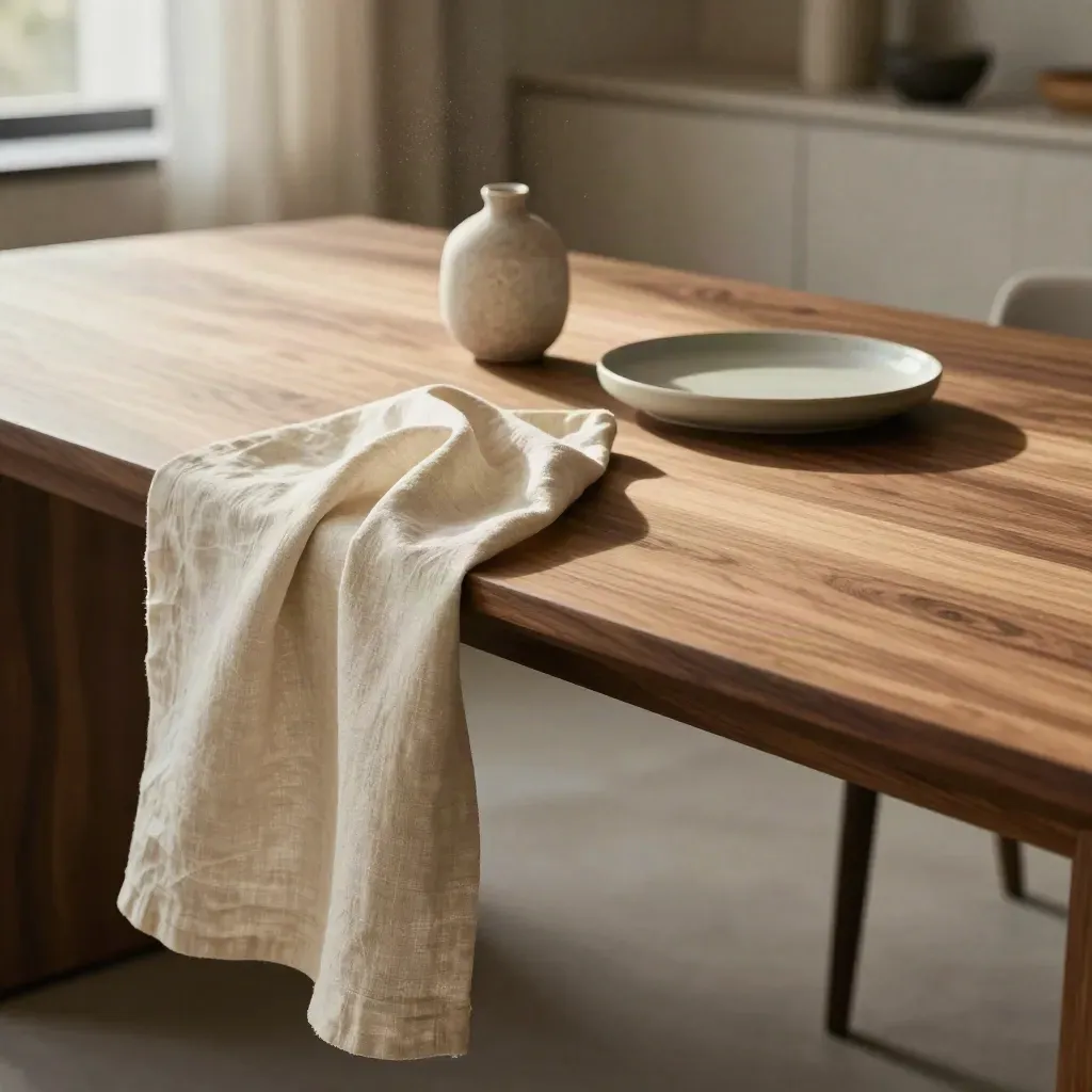 Sunlit walnut tabletop with linen drape, chair leg, and soft empty copy space