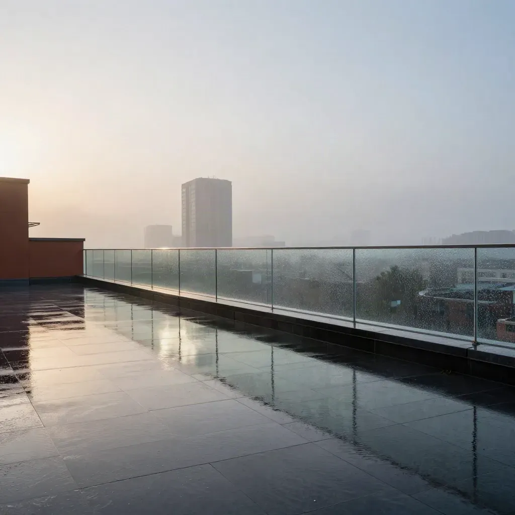 Wet rooftop terrace and hazy towers at blue hour, with calm copy space below.