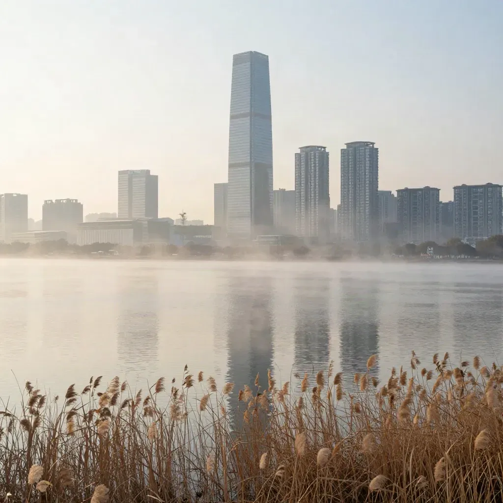 Fog lifting over a waterfront skyline above a still lake and pale reeds.