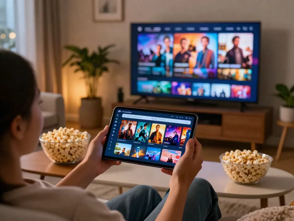 Engaging user enjoying the MovieBox app with a colorful interface in a cozy living room.