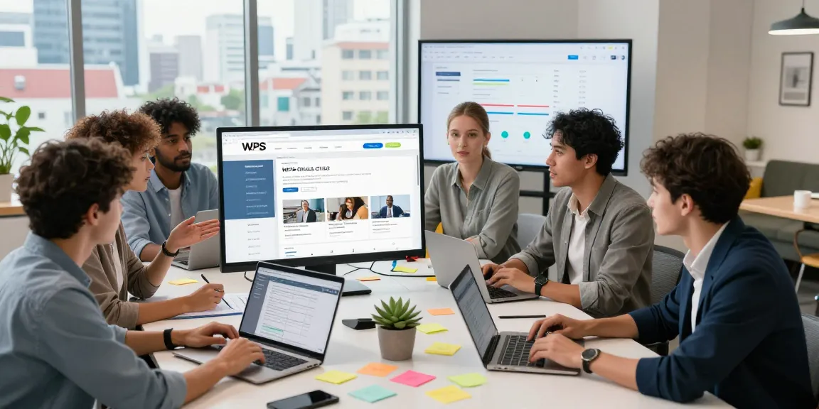Collaboration at a modern office workspace featuring the WPS Official Website interface, showcasing teamwork and technology.